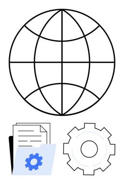 Şebeke çizgileri, belge dosyası, küresel bağlantıyı temsil eden ekipman, veri yönetimi ve yenilik içeren dünya. Teknoloji, ağ, iş, iletişim otomasyonu için ideal dijital