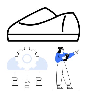 Büyük ayakkabılar, bulut şekilli teçhizatlar, tabletle işaret eden insanlar. Otomasyon, yenilik, proje yönetimi, teknoloji eğitimi, süreç optimizasyonu, veri paylaşımı dairesi için ideal