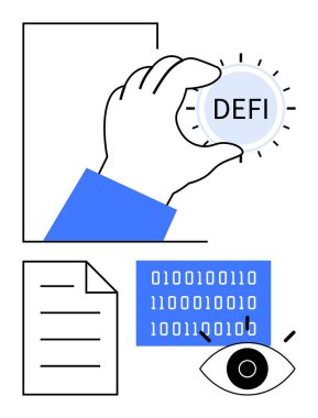 DeFi bozuk para, ikili kod, engelleme zincirini, erişimi ve görüşü simgeleyen belge. Kripto para birimi, engelleme zinciri, veri güvenliği, finans yeniliği akıllı sözleşmeler, şeffaflık dairesi için ideal