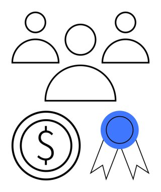 Takım ya da topluluğu temsil eden üç kişilik ikon grubu, mali temaları gösteren dolar para sembolü ve başarıyı gösteren mavi kurdele madalyası. İşbirliği, takım çalışması, finans ve liderlik için ideal