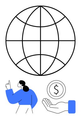 Dünya çizgisi, yukarı bakan bir kadın, bir dolar tutan bir kadın. Finans, küresel ticaret, takım çalışması, yatırımlar, liderlik, dijital ekonomi için ideal