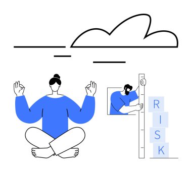 Meditasyon, bulutların altında cetvelle risk bloklarını ölçmek. İş stratejisi, denge, farkındalık, stres yönetimi, karar verme, liderlik ve basit bir iniş için ideal