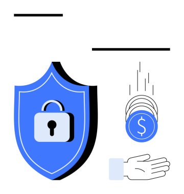 Mavi kalkan, asma kilit güvenliği simgeliyor. Paralar açık bir ele düşüyor. Mali işlemleri temsil ediyor. Finans, siber güvenlik, güven, koruma, fintech, e-ticaret için ideal, basit