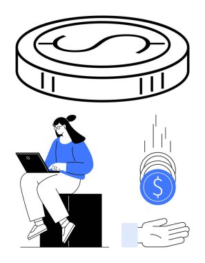 Dizüstü bilgisayarda çalışan bir kadın, bozuk paralar, düşen paralar, yakalamaya hazır eller. Finans, tasarruf, yatırım, teknoloji, çevrimiçi iş büyümesi için ideal basit iniş sayfası