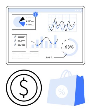 Çizelgeler, grafikler, yüzde göstergesi, kontrol listesi, para birimi simgesi ve alışveriş poşeti içeren analitik gösterge paneli. Analiz, satış ve finansman için ideal pazarlama perakende iş büyümesi basit