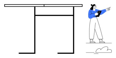 Elinde tablet tutan ve doğrusal yapısı olan şık minimalist bir masanın yanında duran bir kadın. Takım çalışması, yenilik, yaratıcılık, tasarım, liderlik, planlama, basit iniş sayfası için ideal