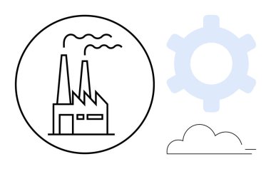 Çemberde bacaları tüten, yan tarafında açık mavi dişli ve minimum bulutlu bir fabrika. Üretim, endüstri, üretim, makine, teknoloji, yenilik enerjisi için idealdir.