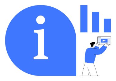 Oynat düğmeli ekranı tutan kişi, büyük bilgi simgesi, çubuk grafik ögeleri. Eğitim, analitik, video eğitimi, pazarlama, müşteri desteği, iletişim sade iniş sayfası