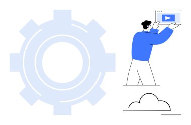 Elinde video oynatıcı, büyük vites sembolü, minimalist bulut olan bir adam. Teknoloji, yenilik, iş akışı, yazılım, üretkenlik, bulut çözümleri için ideal basit iniş sayfası