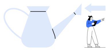 Elinde tablet olan kadın büyük boy sulama kutusu ve ileri ok taşıyor. Büyüme, yaratıcılık, sürdürülebilirlik, beslenme, yenilik, rehberlik, basit iniş sayfası için ideal