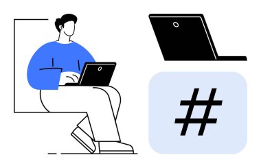 Dizüstü bilgisayar, ek dizüstü bilgisayar simgesi ve meta veri sembolüyle oturan kişi. Teknoloji, sosyal medya, iletişim, dijital pazarlama, uzaktan çalışma, çevrimiçi öğrenim basit iniş sayfası için ideal