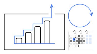 Yukarı doğru büyümeyi gösteren çizgi grafiği, işaretli takvim, tekrarlamayı ya da döngüsel gelişimi sembolize eden dairesel ok. İş için ideal, planlama, hedefler, strateji, ilerleme, veri