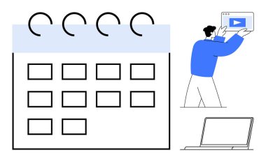Sarmal ciltli büyük bir takvim, elinde video gösteren tablet tutan bir adam ve dizüstü bilgisayarı aç. Zamanlama, planlama, zaman yönetimi, çevrimiçi eğitim, video konferansı ve proje için ideal
