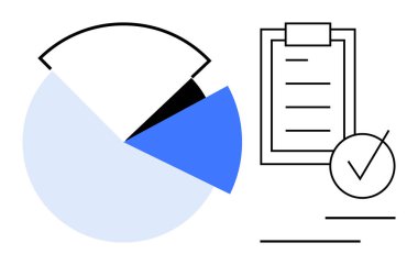 İşaretli bir kontrol listesi panosunun yanında işaretli bölümlerin yer aldığı turta grafiği. Analiz, raporlar, planlama, karar verme, iş stratejisi, üretkenlik, düz basit metafor için ideal