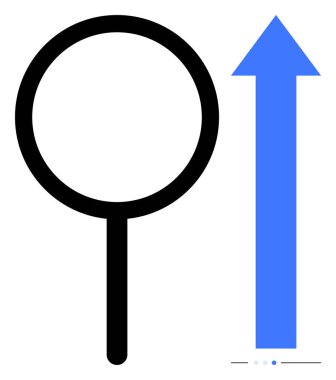 Büyüteç ve mavi yukarı doğru ok arama, büyüme, analiz, keşif ve ilerlemeyi sembolize ediyor. Araştırma, ilerleme, eğitim, yenilik analitik işi için ideal basit iniş sayfası