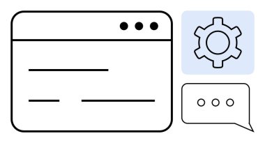 Metin satırlı tarayıcı penceresi, ayarlar dişli simgesi ve sohbet balonu. Teknoloji, iletişim, kullanıcı arayüzü, web tasarımı, üretkenlik, işbirliği için ideal basit iniş sayfası