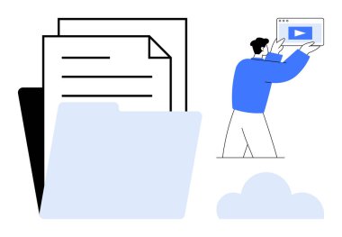 Belge ve klasörlerin yanındaki bulut üzerindeki bir multimedya penceresiyle etkileşim halinde olan kişi. Bulut depolama, dosya yönetimi, dijital organizasyon, çevrimiçi veri, takım çalışması, teknoloji, basit