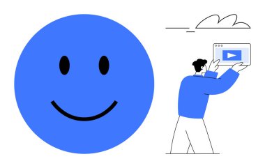 Yanında elinde oyun ikonu olan bir tablet tutan birinin mavi gülen yüzü. Mutluluk için ideal, dijital medya, sosyal etkileşim, yaratıcılık, basitlik, çevrimiçi öğretiler, basit iniş sayfası