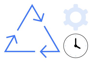 Geri dönüşüm için üçgen oluşturan mavi oklar zamanı simgeleyen siyah saat, işlem için açık mavi dişli. Sürdürülebilirlik, verimlilik, iş akışı, yenilik, zaman yönetimi, verimlilik için ideal