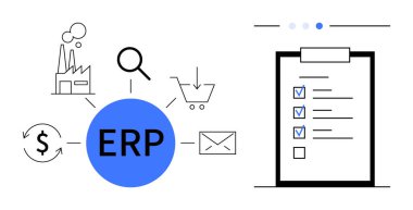 ERP işlemi bir fabrika, kontrol listesi, para, e-posta, büyüteç ve alışveriş arabası simgeleri ile görselleştirildi. İş entegrasyonu, tedarik zinciri, finansman envanter işlemleri için ideal