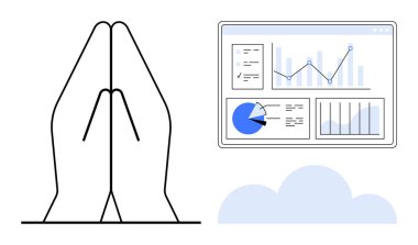 Dua eden eller, analitik gösterge panelinin yanında bulut elementli çizelgeler ve grafikler gösteriyor. Maneviyat, teknoloji, veri görselleştirme, farkındalık, yenilik, iş için ideal