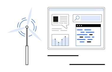 Rüzgar türbini analitik gösterge panelinin yanında güç üretiyor. Haritaları, arama çubuğunu ve raporları gösteriyor. Yenilenebilir enerji, teknoloji, çevre, sürdürülebilirlik ve veri analizi için ideal
