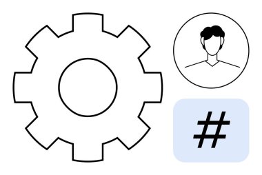 Ayarlar için dişli, kullanıcı profili simgesi ve basit grafik biçiminde üstveri etiketi. Teknoloji, sosyal medya, pazarlama, takım yönetimi, web sitesi arayüzü, veri organizasyonu için ideal