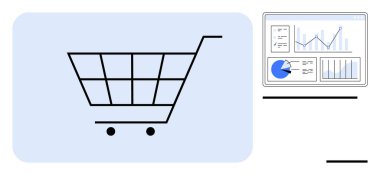 Analitik göstergelerin, grafiklerin ve veri göstergelerinin yanında alışveriş arabası. E-ticaret, satış analizi, pazarlama stratejisi, iş planlaması, perakende büyümesi, veri güdümlü kararlar için ideal