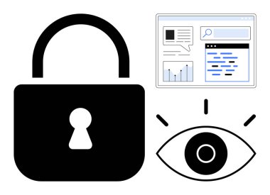 Grafikler ve verilerle asma kilit, göz ve tarayıcı arayüzü çevrimiçi güvenlik, gizlilik ve veri yönetimini vurguluyor. Siber güvenlik, veri gizliliği, izleme, analitik ağ güvenliği teknolojisi için ideal