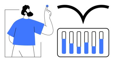 Veri çubuklarını ve sembolik etkiyi gösteren çizelge ile etkileşime giren kişi. Analiz, iş büyümesi, anahtar bulgular, karar verme, güncellemeler, eğitim, basit iniş sayfası için ideal