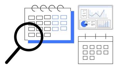 Bir takvim, grafik ve grafik üzerindeki büyüteç, veri analizini, planlamayı ve izlemeyi sembolize eden ekranları gösterir. Zamanlama, proje yönetimi, araştırma, zaman izleme ve veri incelemesi için ideal