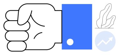 Bitkinin ve yukarı doğru ilerleyen okun yanında mavi koluna sıkılmış bir yumruk. İş için ideal, yetki, liderlik, büyüme, motivasyon, ilerleme, takım çalışması. Basit bir iniş sayfası için mükemmel.