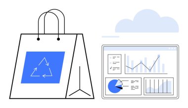Çizelgeler, sürdürülebilirlik için ideal grafikler, eko-ticaret, analitik, teknoloji, çevre, dairesel çizelgeler içeren veri analizi panelinin yanında geri dönüşüm sembolü olan çevre dostu alışveriş çantası