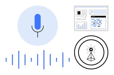 Ses dalgaları, veri analizi gösterge paneli olan mikrofon ikonu ve bir piramidin içindeki bir göz sezgiyi sembolize ediyor. Yapay zeka, ses kontrolü, dijital araçlar, analitik, arama, yenilik için ideal basit iniş sayfası