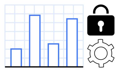 Bir kilit ve dişli simgesinin yanında veri eğilimlerini gösteren çubuk grafik. Analiz, güvenlik, teknoloji, girişim, çözümler, istatistik ve basit bir iniş sayfası için ideal