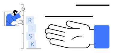 Yüksekliği ölçerken RISK etiketli bloklar istifleyen kişi desteğin sembolü olan bir yardım eli ile katıldı. Risk yönetimi, değerlendirme, strateji, takım çalışması, yardım ve sorun çözme için ideal