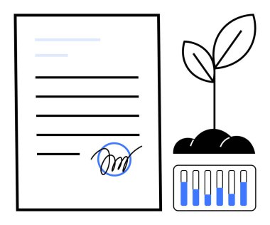 Büyümeyi, sürdürülebilirliği, çevre sorumluluğunu, ilerlemeyi, çevre dostu girişimleri, iş ahlakını sembolize eden bir bitki filizi ve performans tablosunun yanında imzalanmış belge. İdeal
