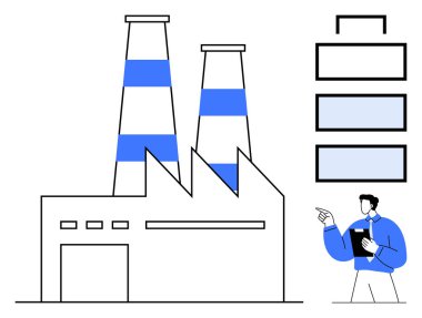 Bacalı fabrika binası, verileri analiz eden işçi, enerji seviyesindeki çubuklar. Üretim, enerji, üretkenlik, analitik, çevre endüstriyel izleme sürdürülebilirliği için idealdir. Düz basit