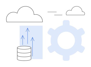 Veritabanından yükselen okları olan bulut işlemeyi sembolize eden dişliler ve ilave bulut. Bulut depolama, veri transferi, teknoloji, bilişim hizmetleri, sistem entegrasyonu, yenilik sade