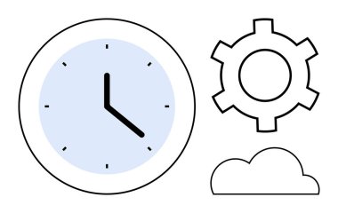Saat vites ve bulut simgesinin yanında zaman gösteriyor. Üretkenlik, zaman yönetimi, teknoloji, iş akışı, verimlilik, yenilik, basit iniş sayfası için ideal