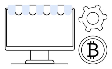 Kanopili bilgisayar monitörü e-ticareti temsil ediyor. Bitcoin logosu ve teçhizatı dijital para birimini, engelleme zincirini, otomasyonu sembolize eder. Fintech, online iş, engelleme zinciri, kripto para birimi için ideal