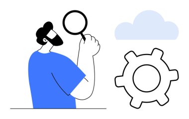 Bir bulut ve dişli ikonu ile birlikte büyüteç kullanan adam analizi, teknolojiyi, yeniliği, gelişimi, problem çözmeyi, araştırmayı, işleme gelişimini sembolize ediyor. Kavram için ideal