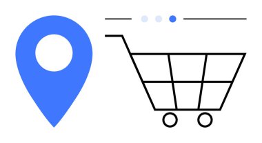 Minimalist bir alışveriş arabası ikonunun yanındaki mavi konum belirleyicisi satın alma, nakliye, lojistik veya tarama eğilimlerini gösteriyor. Perakende, e-ticaret, dağıtım, tedarik zinciri teknolojisi için ideal