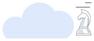 Bulutun yanında satranç şövalyesi, stratejiyi temsil eden, karar veren, bulut hesaplayan. Teknoloji, liderlik, strateji, yenilik, iş büyümesi veri çözümleri için ideal düz bir metafor