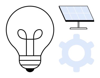 Güneş panelinin yanında ampul ve yenilikleri, yenilenebilir enerjiyi ve ilerlemeyi vurgulayan teçhizat. Sürdürülebilirlik, teknoloji, mühendislik, enerji verimliliği, eko-çözümler, icat için ideal