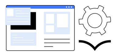 Açılır ögeler, vites ve kitap özelleştirme, otomasyon ve bilgi paylaşımını sembolize eden web sayfası düzeni. Web tasarımı, teknoloji, eğitim, yenilik ve basit iniş sayfası için ideal
