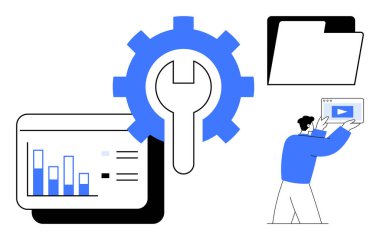 Vites, bar çizelgesi, klasör simgesi ve video oynatıcısı olan kişi işbirlikçi iş akışlarını tanımlar. Teknoloji, yenilik, medya, veri analiz organizasyonu dijital dönüşüm planlamak için ideal. Basit.