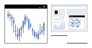 Candlestick finansal tablosu, arama çubuğu, veri grafiği ve metin bölümleriyle birlikte bir de analitik gösterge paneli. Finans, veri bilimi, iş analizi, ticaret, pazar eğilimleri ve araştırma için ideal