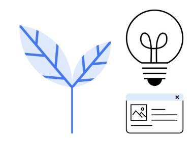 Doğayı sembolize eden yaprak, fikirler için ampul ve yaratıcılığı, yeniliği ve ekolojik bilinci temsil eden dijital medya penceresi. Yeşil enerji, çevresel farkındalık ve eko-tasarım için ideal