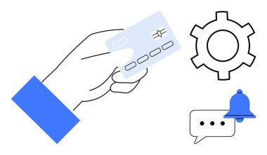 Elinde bir kredi kartı, yanında da teçhizat, uyarı zili ve sohbet balonu simgeleri var. Finans, çevrimiçi hizmetler, dijital ödemeler, bankacılık, teknoloji bildirimleri için idealdir basit iniş